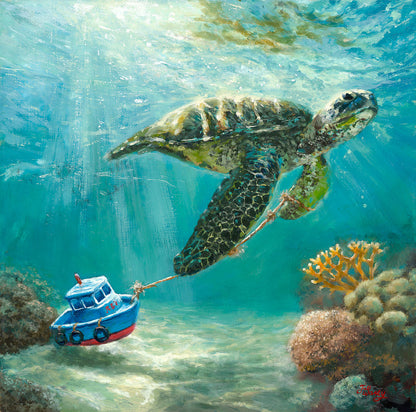 Ocean Hitchhiker - Original Oil Painting (Framed, 12x12")